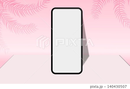 Phone mockup on podium stage with pink wall background and palm leaf shadows Phone mockup on podium stage with pink wall background and palm leaf shadows 140430507