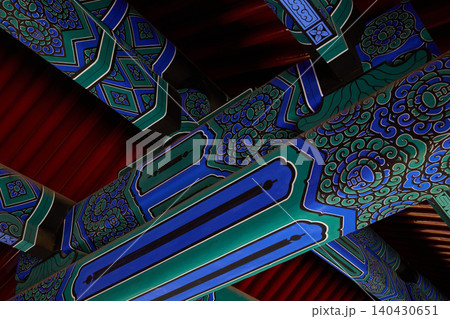 Close-up of colorful traditional ceiling decoration inside the Temple of Heaven in Beijing, China. 140430651