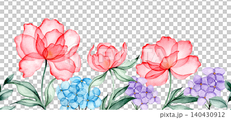Watercolor illustration, seamless border of peony and hydrangea flowers. Transparent flowers x-ray. Watercolor illustration, seamless border of peony and hydrangea flowers. Transparent flowers x-ray. 140430912