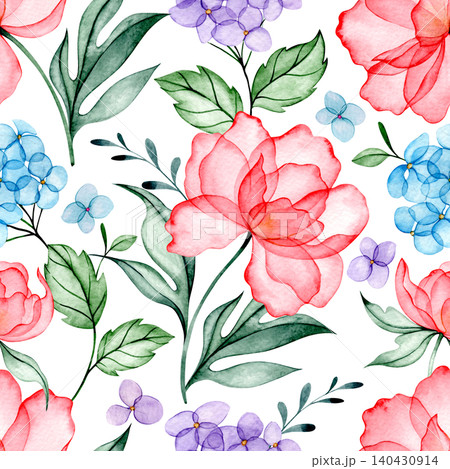 Watercolor illustration, seamless pattern of peony and hydrangea flowers. Transparent flowers x-ray. 140430914