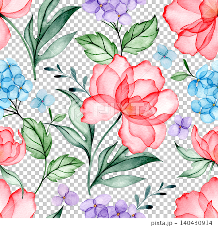 Watercolor illustration, seamless pattern of peony and hydrangea flowers. Transparent flowers x-ray. 140430914