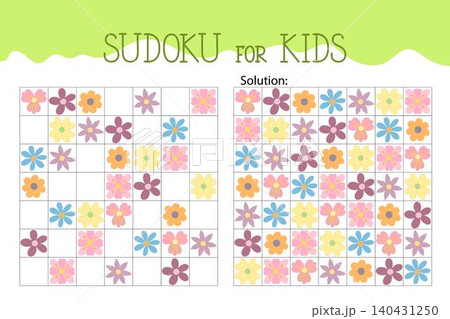 Colorful flowers sudoku educational game or leisure activity worksheet illustration, printable grid to fill in missing images, spring seasonal vocabulary, puzzle with solution, teacher resources Colorful flowers sudoku educational game or leisure activity worksheet illustration, printable grid to fill in missing images, spring seasonal vocabulary, puzzle with solution, teacher resources 140431250
