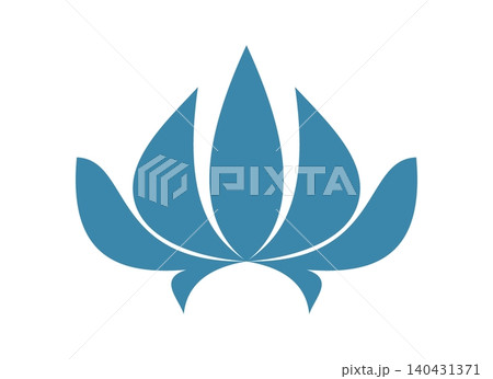 abstract flower with leaves simple icon, Blue lotus flower silhouette logo, Symmetrical floral design graphic, Styled water lily symbol 140431371