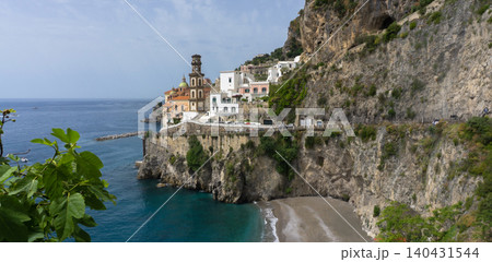 Atrani - Amalfi coast - facade of baroque church Chiesa di Santa Maria Maddalena and Lido di Ravello beach 140431544