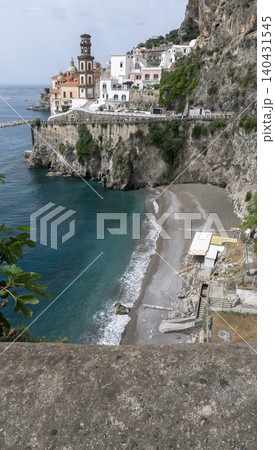 Atrani - Amalfi coast - facade of baroque church Chiesa di Santa Maria Maddalena and Lido di Ravello beach Atrani - Amalfi coast - facade of baroque church Chiesa di Santa Maria Maddalena and Lido di Ravello beach 140431545