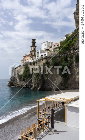 Atrani - Amalfi coast - facade of baroque church Chiesa di Santa Maria Maddalena and Lido di Ravello beach 140431551