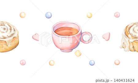 A seamless watercolor pattern with a tea theme. A pink mug with a delicious cinnamon bun and sweet beads. Morning tea for breakfast in a pastel-colored coquette style. Perfect for printing and design. A seamless watercolor pattern with a tea theme. A pink mug with a delicious cinnamon bun and sweet beads. Morning tea for breakfast in a pastel-colored coquette style. Perfect for printing and design. 140431624