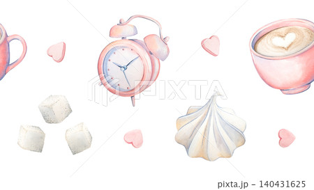 A watercolor seamless border with a cappuccino in a pink mug. Meringue and an alarm clock in a coquette style. Hand-drawn hearts and candy sprinkles. An isolated coffee break in pastel tones 140431625