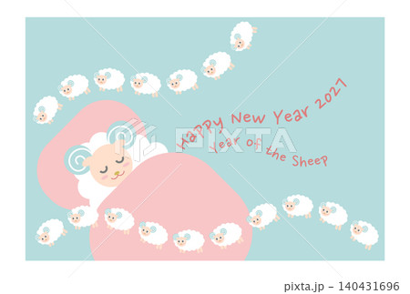 2027年未年の年賀状イラスト: 羊を数えて寝ている羊 2027年未年の年賀状イラスト: 羊を数えて寝ている羊 140431696