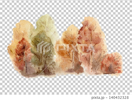 Autumn forest grove with golden leaves on trees watercolor illustration isolated. Artistic hand drawn orange woodland landscape for seasonal design. Nature background with fall foliage and forest. Autumn forest grove with golden leaves on trees watercolor illustration isolated. Artistic hand drawn orange woodland landscape for seasonal design. Nature background with fall foliage and forest. 140432328