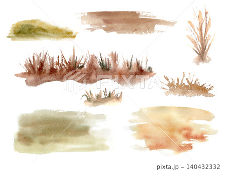 Set of watercolor autumn splash glade and grass elements isolated. Dry brown herbal grass and strokes for fall rustic design in earthy tones. Hand painted seasonal drawing objects for nature scene. Set of watercolor autumn splash glade and grass elements isolated. Dry brown herbal grass and strokes for fall rustic design in earthy tones. Hand painted seasonal drawing objects for nature scene. 140432332