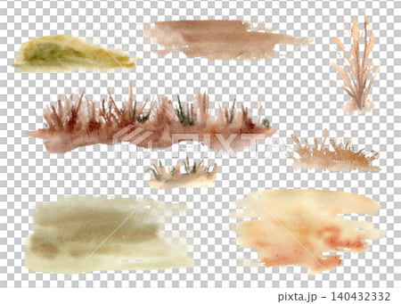 Set of watercolor autumn splash glade and grass elements isolated. Dry brown herbal grass and strokes for fall rustic design in earthy tones. Hand painted seasonal drawing objects for nature scene. Set of watercolor autumn splash glade and grass elements isolated. Dry brown herbal grass and strokes for fall rustic design in earthy tones. Hand painted seasonal drawing objects for nature scene. 140432332