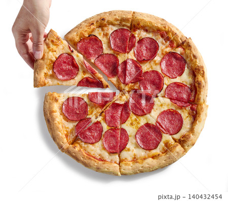 Hand Taking a Slice of Freshly Baked Pepperoni Pizza Isolated on White background Hand Taking a Slice of Freshly Baked Pepperoni Pizza Isolated on White background 140432454