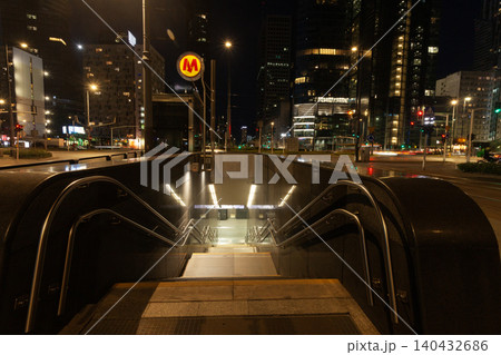 Night view of Warsaw with the entrance to the metro Night view of Warsaw with the entrance to the metro 140432686