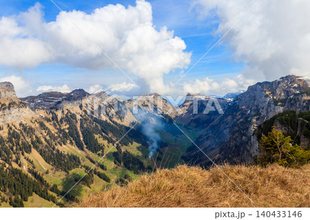 View of Justital (Justi Valley) from Niederhorn mountain in Beatenberg, Switzerland 140433146