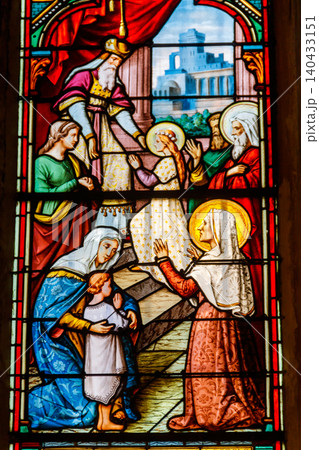 Stained glass in Basilica of Notre-Dame de Nice in the center of Nice, France Stained glass in Basilica of Notre-Dame de Nice in the center of Nice, France 140433151