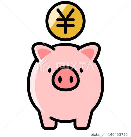 かわいい豚の貯金箱と円のコイン 140433732