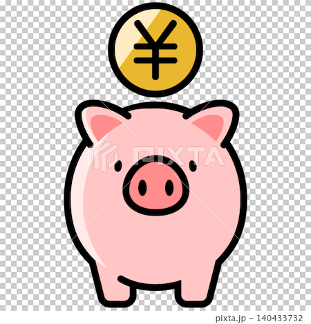 かわいい豚の貯金箱と円のコイン 140433732