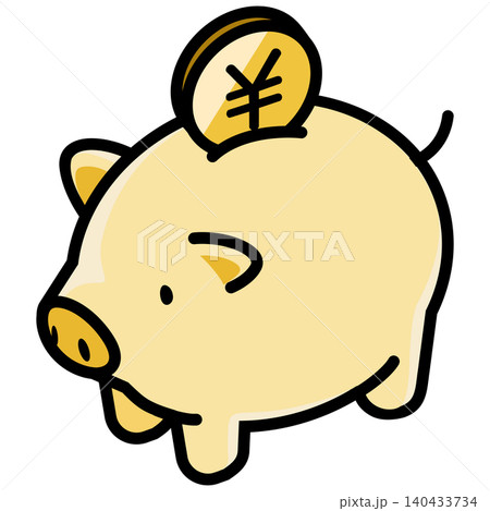 かわいい豚の貯金箱と円のコイン 140433734