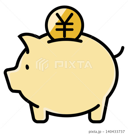 かわいい豚の貯金箱と円のコイン 140433737