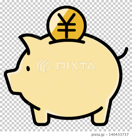 可愛的小豬存錢筒和日圓硬幣 140433737