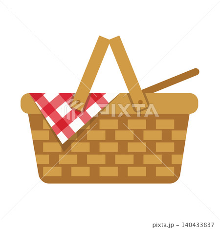 Picnic Basket With a Red and White Checkered Napkin on Top for Outdoor Meals and Gatherings 140433837