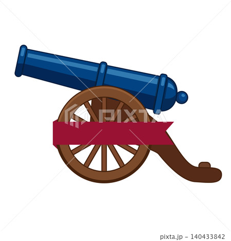 Historic Cannon on a Wooden Carriage With a Red Banner Historic Cannon on a Wooden Carriage With a Red Banner 140433842