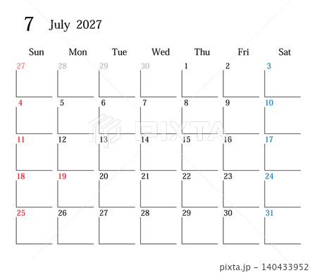 2027年7月、日本のカレンダー 140433952