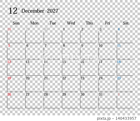 日本曆2027年12月 日本曆2027年12月 140433957
