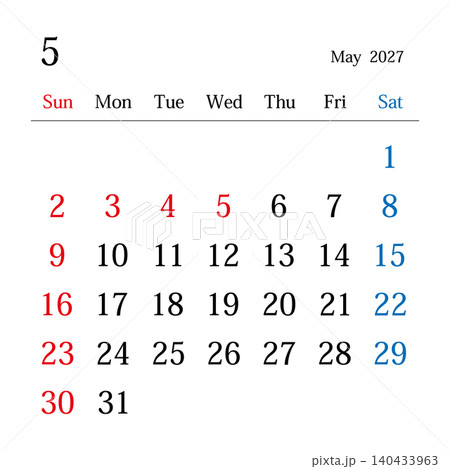 2027年5月、日本のカレンダー 140433963