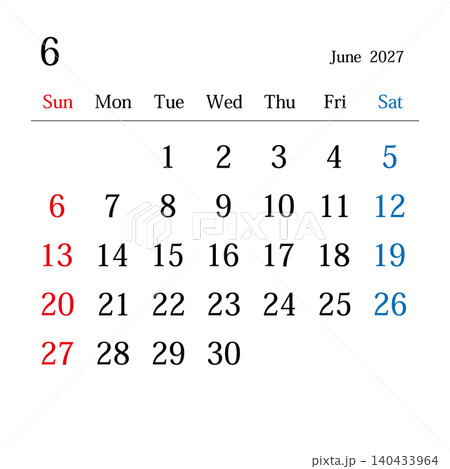 2027年6月、日本のカレンダー 2027年6月、日本のカレンダー 140433964