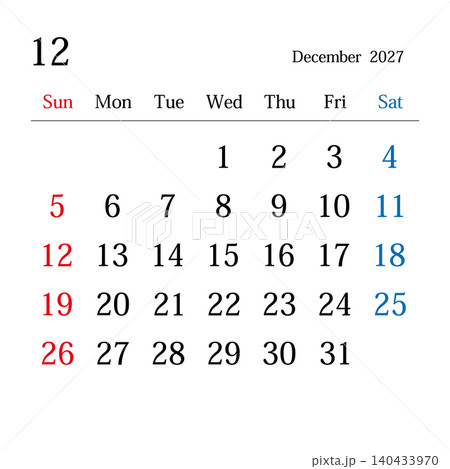 2027年12月、日本のカレンダー 2027年12月、日本のカレンダー 140433970