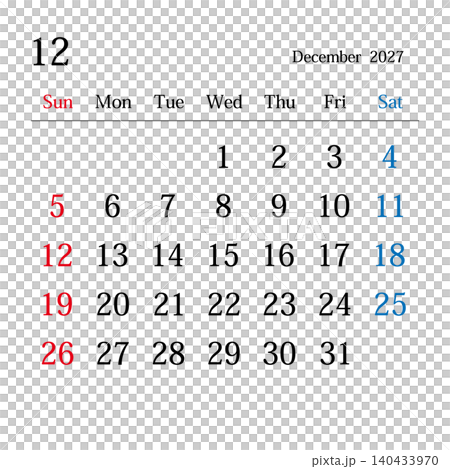 2027年12月、日本のカレンダー 2027年12月、日本のカレンダー 140433970