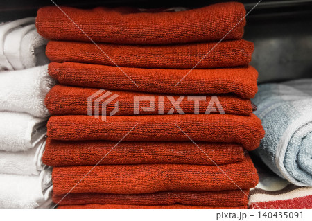 Red clean towels soft hygiene home object bathroom cloth background Red clean towels soft hygiene home object bathroom cloth background 140435091