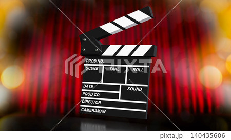 Cinematic Clapperboard On Red Curtain Background 3d render. Cinematic Clapperboard On Red Curtain Background 3d render. 140435606