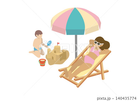アイソメトリック　夏　人物　ファミリー　海　ビーチ　日光浴　女性　砂遊びをする子供　イラスト素材 140435774