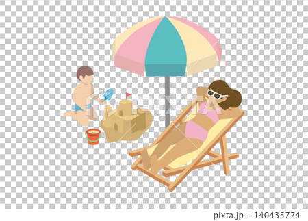 アイソメトリック　夏　人物　ファミリー　海　ビーチ　日光浴　女性　砂遊びをする子供　イラスト素材 140435774