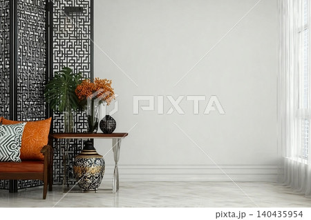 Table with decor and folding screen indoors. Interior design 140435954