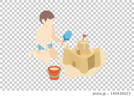 アイソメトリック　夏　人物　子供　男の子　海　ビーチ　レジャー　砂遊び　キッズ　イラスト素材 140436023