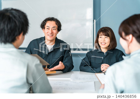 住宅模型を使って商談,説明,プレゼンする作業服姿の建設業,建築業の男女のビジネスマン 住宅模型を使って商談,説明,プレゼンする作業服姿の建設業,建築業の男女のビジネスマン 140436856