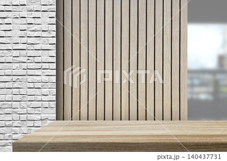 Modern Interior Backdrop with Textured Raw Concrete Wall and Wood Slat Panelling, Geometric Shadow Detail for Architectural and Furniture Product Presentation. Modern Interior Backdrop with Textured Raw Concrete Wall and Wood Slat Panelling, Geometric Shadow Detail for Architectural and Furniture Product Presentation. 140437731