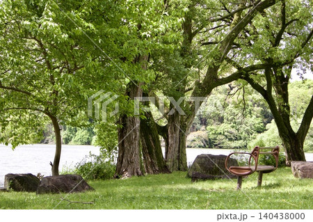 新緑の公園の水辺に佇むベンチの風景 新緑の公園の水辺に佇むベンチの風景 140438000