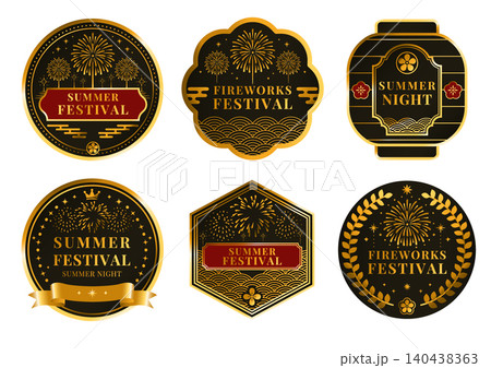 夏祭り花火大会ラベルセット 和風ゴールドバッジコレクション 黒背景 140438363