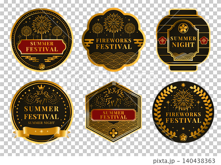 夏祭り花火大会ラベルセット 和風ゴールドバッジコレクション 黒背景 140438363