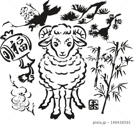年賀2027　未年　干支　羊　ひつじ　打ち出の小槌　松竹梅　墨絵　水墨画　水彩　イラスト　年賀状素材 140438591