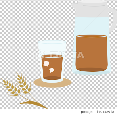 冷たい麦茶と大麦のイラストセット・夏の飲み物素材 冷たい麦茶と大麦のイラストセット・夏の飲み物素材 140438918