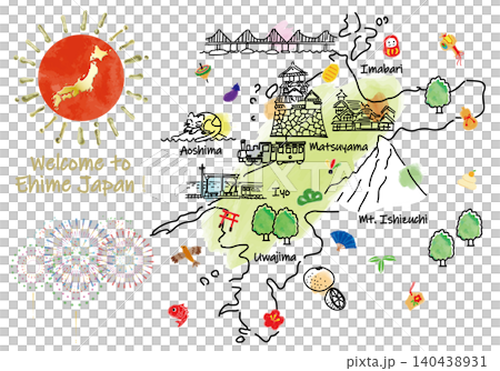 Cute hand-drawn line art illustration map of tourist spots in Ehime and lucky charms Cute hand-drawn line art illustration map of tourist spots in Ehime and lucky charms 140438931