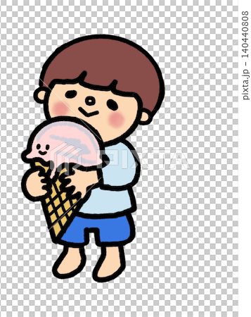 一幅插圖,描繪了一個可愛、悠閒的男孩拿著一個大冰淇淋甜筒。 一幅插圖,描繪了一個可愛、悠閒的男孩拿著一個大冰淇淋甜筒。 140440808