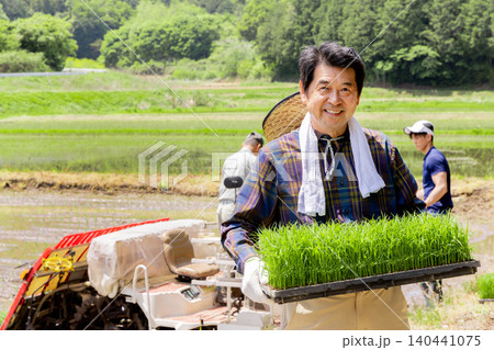 田植え準備で稲苗を運ぶ笑顔のシニア男性農家 田植え準備で稲苗を運ぶ笑顔のシニア男性農家 140441075