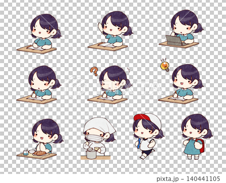 A set of illustrations depicting the school life of elementary school girls. 140441105